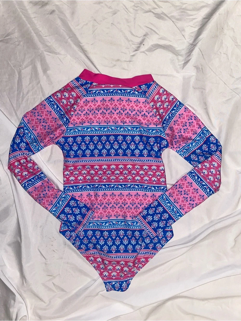 Long-Sleeve Kids One-Piece Swimsuit — Pink & Blue Floral Print